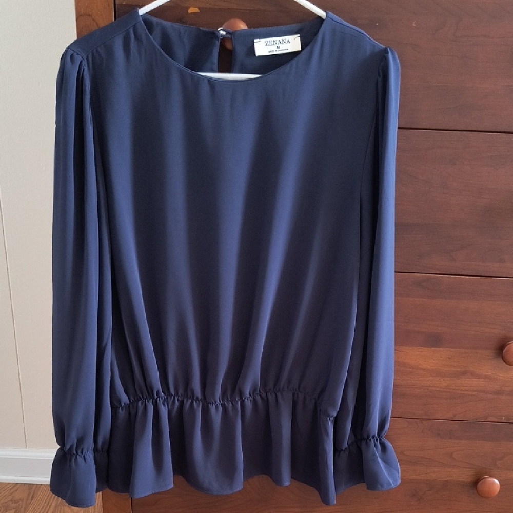 Zenana Navy Retro Ruffle Peplum Blouse, Size Medium